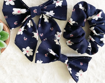 Floral Dog Bowtie: Spring Sailor Style, Navy Cotton