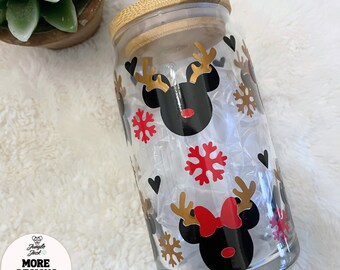 Ears Christmas Coffee Glass Can | Mouse Iced Coffee Glass| iced coffee cup with lid and straw | Christmas Gift for her | Best Holiday Gifts