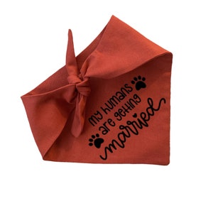 May include: A red dog bandana with black paw prints and the text "My humans are getting married".