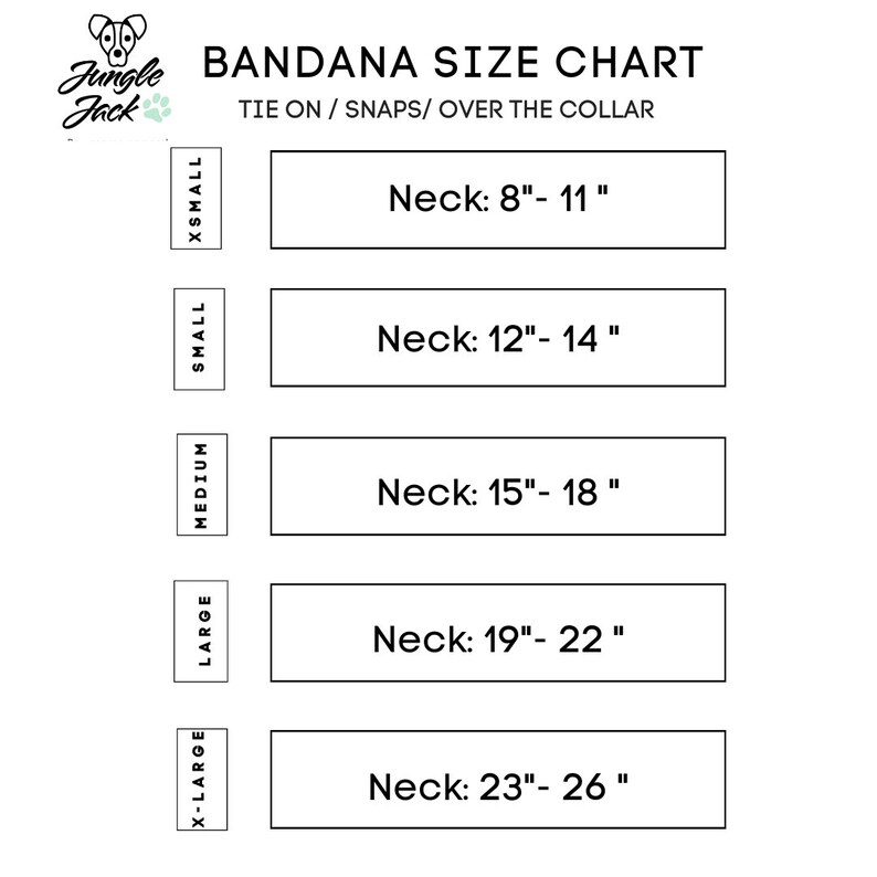 May include: A size chart for dog bandanas, showing neck sizes in inches for X-Small, Small, Medium, Large, and X-Large bandanas. The chart is titled "Bandana Size Chart" and "Tie On / Snaps / Over the Collar".