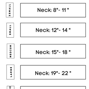 May include: A bandana size chart with five different sizes: X-Small, Small, Medium, Large, and X-Large. Each size is listed with the corresponding neck measurement in inches. For example, X-Small is 8-11 inches, Small is 12-14 inches, Medium is 15-18 inches, Large is 19-22 inches, and X-Large is 23-26 inches.