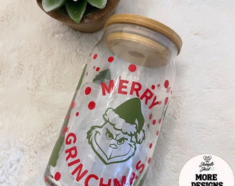 The Grinch Glass Cup with Lid and Straw | Merry Grinchmas Glass Can| Holiday Iced Coffee Glass Mug | Beer Can Glass