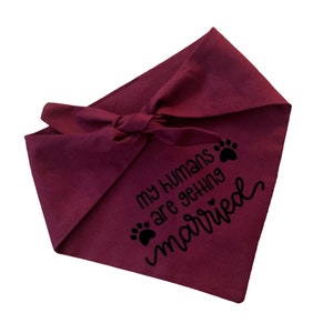 May include: Burgundy dog bandana with black paw prints and the text "My humans are getting married".