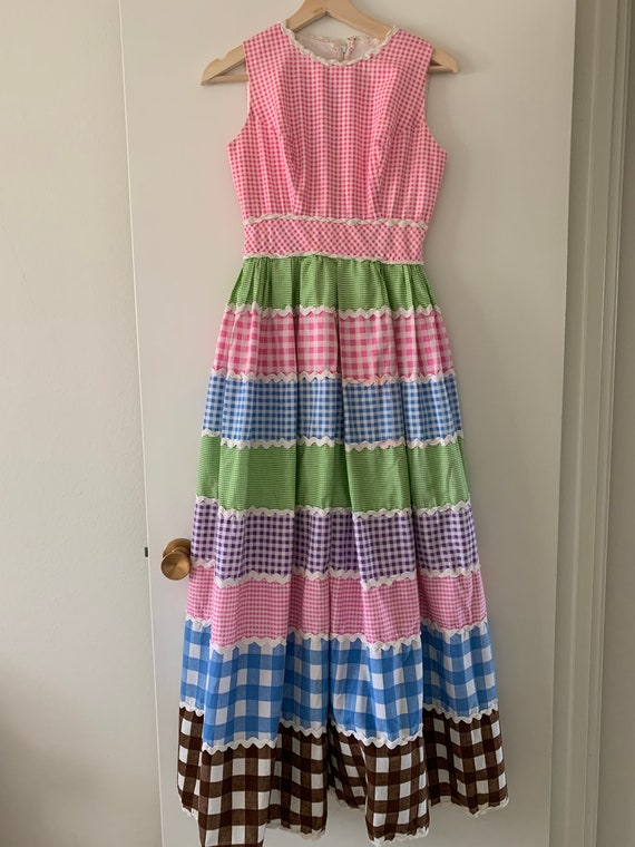 70's Colorful Gingham Vintage Maxi Dress