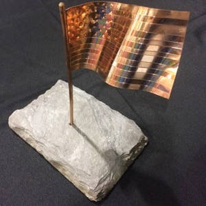 Handcrafted Copper American Flag Sculpture on Stone Base – Patriotic Home Decor, Rustic Americana Art, Metal Flag Gift for Veterans