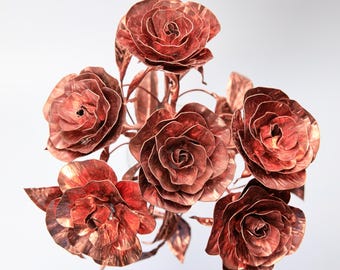 Handmade Copper Rose Bouquet – Metal Flowers Gift, 6 Eternal Roses, 7th Anniversary Present, Copper Wedding Decor, Rustic Sculpture Art