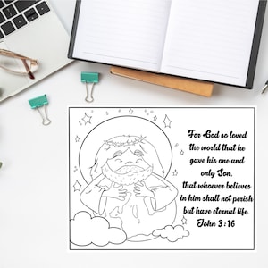 Jean 3:16, coloriage, activité d'école du dimanche, verset de la Bible, coloriage pour enfants, téléchargement numérique