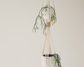 Two Tier Indoor Hanging Planter / Plant Hanger / Flutted Wood Bead / Macrame Double Hanger / Bedroom Decor / Simple Scandinavian