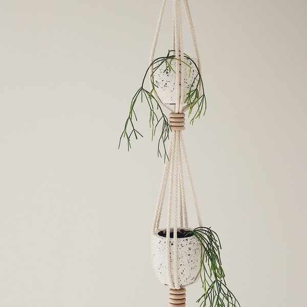 Two Tier Indoor Hanging Planter / Plant Hanger / Flutted Wood Bead / Macrame Double Hanger / Bedroom Decor / Simple Scandinavian