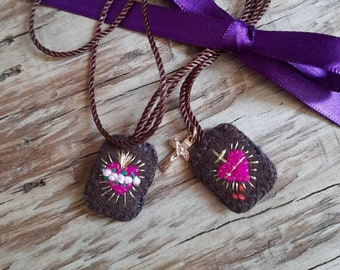 Brown mini scapular embroidered in wool with Sacred Hearts, Tiny cross Medal, Gift for mom