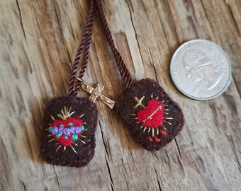 Mini brown scapular, Gift for mom, grandma, Mini Cross, Embroidered Sacred Hearts