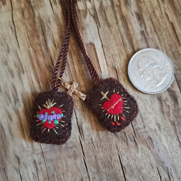Mini brown scapular, Gift for mom, grandma, Mini Cross, Embroidered Sacred Hearts
