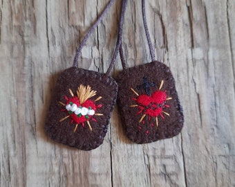 Traditional Catholic Scapular, Embroidered Sacred Hearts, Handmade Religious Accessory