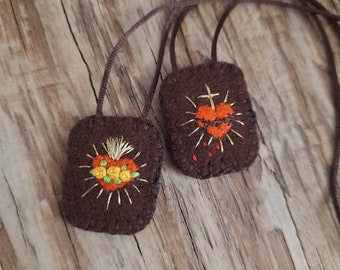 Handmade Scapular in brown wool, Embroidered Sacred Hearts, Catholic Gift