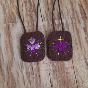 Embroidered Scapular with Purple Hearts, Catholic Accessories, Brown Wool, Confirmation Gift