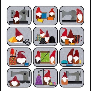 May include: Twelve illustrated designs featuring gnomes with sewing-themed accessories. The designs include a sewing machine, scissors, spools of thread, and fabric scraps. The designs are perfect for creating mug rugs or wall hangings. Mug rugs are 9 x 7 inches and wall hangings are 33 x 35 inches.