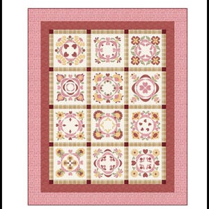 Pode incluir: Um padrão de colcha chamado "Baltimore Bliss" com um esquema de cores rosa e branco. O padrão apresenta uma grade de nove quadrados, cada um com um design floral diferente. A colcha mede 76 x 94 polegadas.