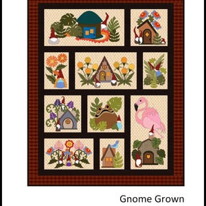 Pode incluir: Um padrão de colcha com um tema de gnomos com uma variedade de casas, flores e animais. O padrão é chamado de "Gnome Grown" e foi desenhado por Sindy Rodenmayer. A colcha mede 127 cm por 157 cm.