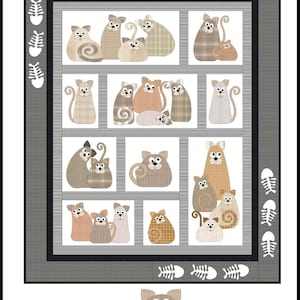 Może przedstawiać: Wzór patchworkowej kołdry przedstawiający koty w różnych pozach. Wzór nosi tytuł "All the Purrs" i ma wymiary 56 x 68 cali.