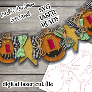 May include: A digital laser cut file for a Jack O Lantern garland. The garland features a string of orange pumpkins with black eyes and mouths, red noses, and black and white checkered bows. The pumpkins are interspersed with yellow stars. The file is ready to be cut on a laser cutter.