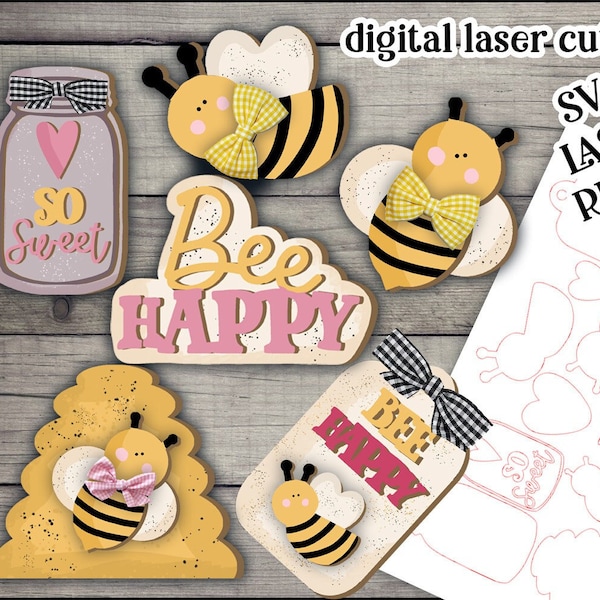 Bee Happy SVG | Laser Ready Bee Set| Glow Forge Bee| Bienen-Tier-Tablett