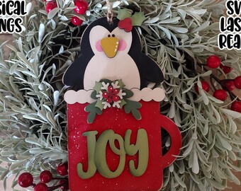 Joy Penguin Caneca Ornamento SVG | Laser Cut Penguin Ornament | Glow forge | Penguin Laser SVG