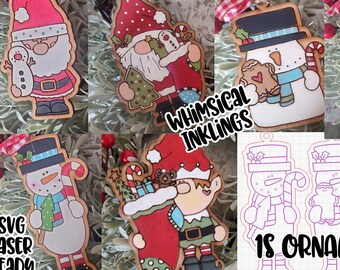 May include: Set of 15 Christmas ornaments featuring Santa, elves, and snowmen. The ornaments are laser cut from wood and are ready to be painted or decorated. The image also includes SVG cut files for the ornaments.