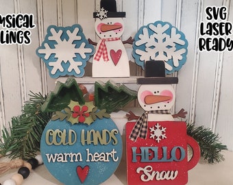 Hello Winter Snowman Laser Set SVG| Laser Cut Snowman Ornament| Glow Forge| Ornament SVG| Snowman Tiered Tray