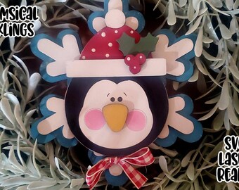 Ornamento de pinguim de floco de neve SVG | Ornamento de pinguim cortado a laser | Forja brilhante | Pinguim Laser SVG