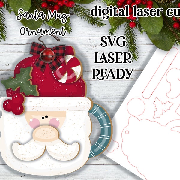 Santa Mug Ornament SVG| Laser Cut Santa Ornament| Glow forge| Santa Cocoa Laser SVG