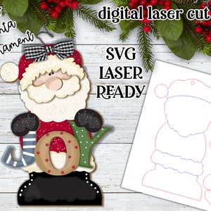 Joy Santa ornement SVG| Père Noël SVG | Ornement de bonhomme de neige découpé au laser | Forge phosphorescente| Ornement SVG