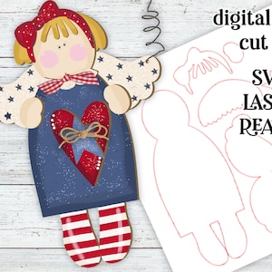 May include: A digital laser cut file of a patriotic angel with red, white, and blue colors. The file includes the angel, wings, heart, and hair bow. The text "SVG LASER READY" is included in the image.