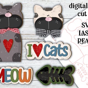 J'aime les chats Laser SVG | Chat découpé au laser | Chat de Glowforge| Kitty Laser SVG | Plateau à plusieurs niveaux pour chat