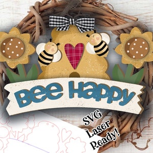 Bee Happy Sign SVG | Laserklaar lentebord | Glow Forge Spring| Bee Skep SVG| Bijenkorf SVG