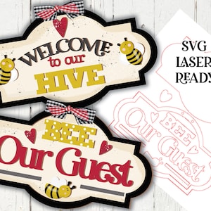 Bee Our Guest-borden SVG | Laser Ready Bee Set| Glow Forge Bee| Gelaagd dienblad met bijen|Bee-bord|Hive-bord|