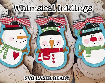 May include: Three whimsical snowman ornaments with red, green, and blue accents. Each snowman has a different hat and scarf. The ornaments are laser-cut and ready to be painted. SVG Laser-Ready.