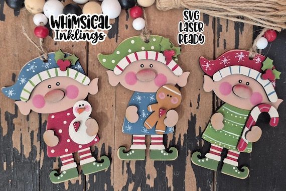 Little Christmas Elf Ornament Trio Laser SVG| Laser Cut Elf Ornament| Glow forge| Ornament SVG