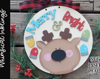 Merry and Bright Reindeer Sign SVG| Laser Cut Reindeer Sign| Glowforge|Christmas Sign SVG