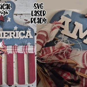 May include: A patriotic wooden cutting board with a blue star-spangled top and red and white striped bottom. The word "AMERICA" is spelled out in white letters. A red, white, and blue ribbon and bow are attached to the board. A red star is at the top.