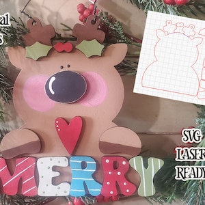 Merry Reindeer SVG| Laser Cut Reindeer Ornament| Glow forge|Christmas Ornament SVG