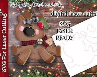 Adorno de reno volador SVG/ Adorno de reno cortado con láser/ Adorno navideño Glowforge SVG