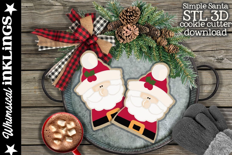 May include: Two 3D printed cookie cutters shaped like Santa Claus. The cutters are made of brown plastic and have a red hat, white beard, and black belt. The cutters are sitting on a metal tray with a pine branch and a red and black plaid bow.