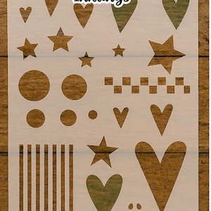 May include: A stencil with various shapes including hearts, stars, circles, and a checkered pattern. The stencil also features vertical lines and the text "DIGITAL FILE" at the bottom. The brand name "WHIMSICAL INKLINGS" is at the top.