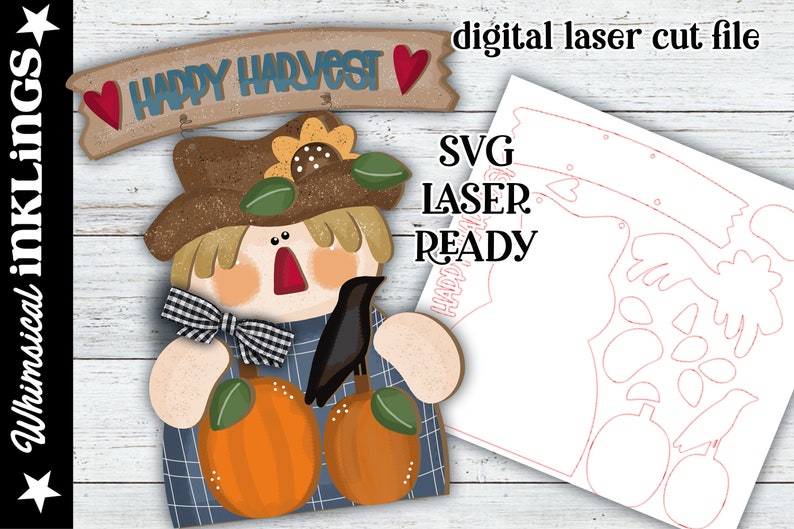 K&ouml;nnte beinhalten: Eine digitale Laserschneidedatei f&uuml;r einen Vogelscheuche mit K&uuml;rbissen, einer Sonnenblume und einem Vogel. Die Datei enth&auml;lt den Text "Happy Harvest".