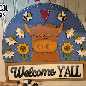 Welcome Y&#39;all Scottish Highland Cow Sign Laser  SVG| Scottish Highland SVG| Laser Cut Cow| Glow forge| Farmhouse SVG|