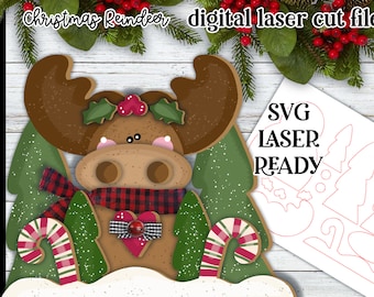 Kerst-elandplankoppas laser-svg | Lasergesneden ornament eland| Glowforge|Kerstversiering SVG