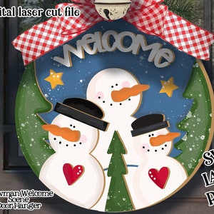 Snowman Welcome Scene Door Hanger Laser SVG |Laser Ready Snowman Sign| Glow forge Winter Sign|