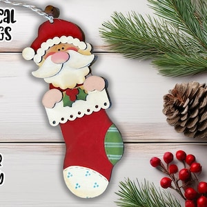 Whimsical Stocking Santa Ornament Laser SVG| Santa Claus SVG| Laser Cut Santa Ornament| Glow Forge| Ornament SVG