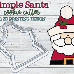 May include: A 3D printable STL file design for a cookie cutter shaped like a simple Santa Claus. The design features a red hat with a white pom-pom, a white beard, and a black belt.