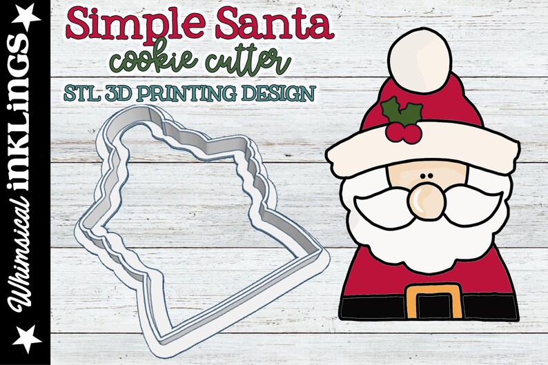 May include: A 3D printable STL file design for a cookie cutter shaped like a simple Santa Claus. The design features a red hat with a white pom-pom, a white beard, and a black belt.